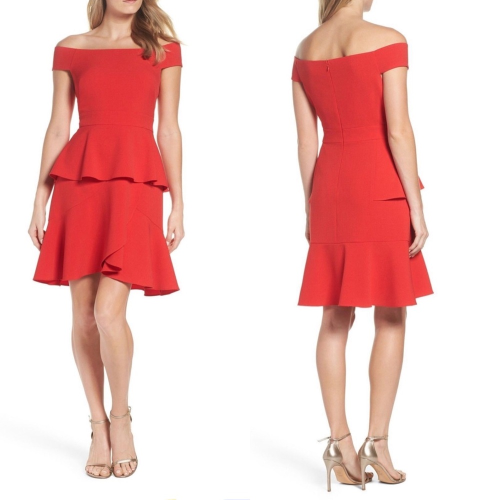 Eliza J Red Off-Shoulder Ruffle Hem Dress